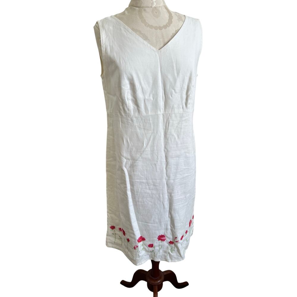 Laura Ashley Vintage Sleeveless Embroidered V-Neck Linen Dress USA Size 10